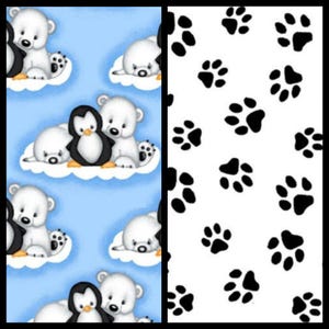 May include: A split image featuring two patterns. The left side shows a light blue background with cartoon polar bears and penguins on clouds. The right side displays a white background with black paw prints, creating a playful design.