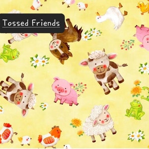 Puede incluir: Un fondo amarillo con una variedad de animales de granja, incluyendo una vaca, un cerdo, un caballo, una oveja y pollos. El texto "Tossed Friends" est&aacute; en la parte superior de la imagen.