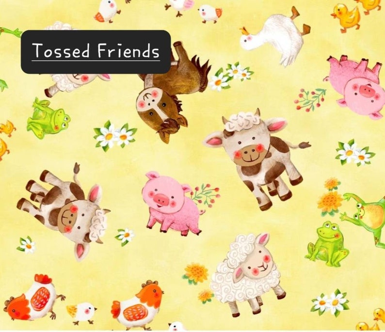 Puede incluir: Un fondo amarillo con una variedad de animales de granja, incluyendo una vaca, un cerdo, un caballo, una oveja y pollos. El texto "Tossed Friends" est&aacute; en la parte superior de la imagen.