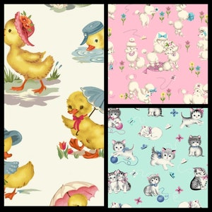 Little Darlings. Cotton Fabric. Vintage Prints, Ducks on Ivory, Kittens on Aqua, Poodles on Pink. By the Half Yard, 18" long x 43" wide.