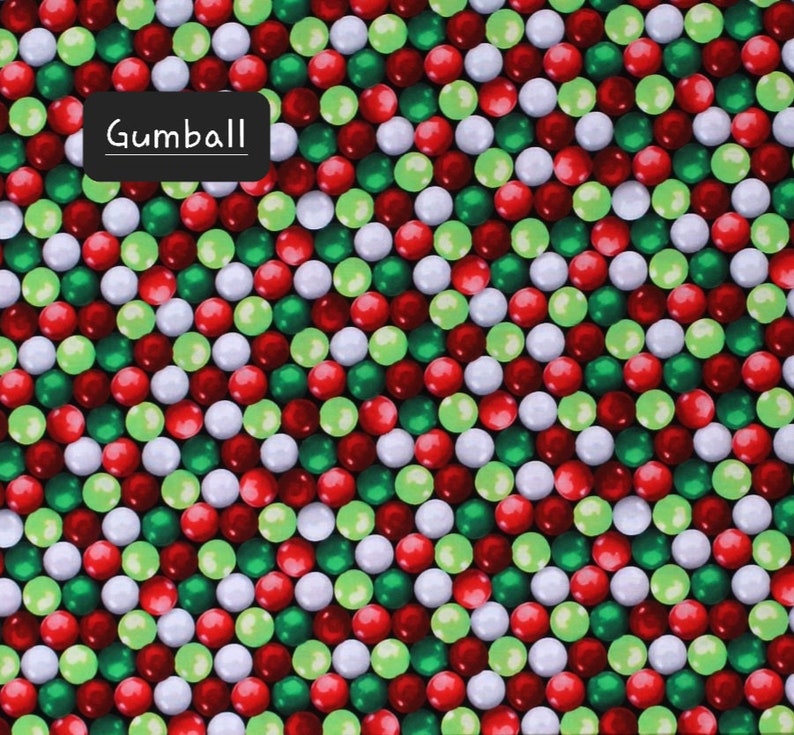 Sweet Holidays. Cotton Fabric by Greta Lynn for Kanvas Fabrics. Candies, Cupcakes, and Matching Swirls. By the Half Yard, 18" x 43" wide. Gumball