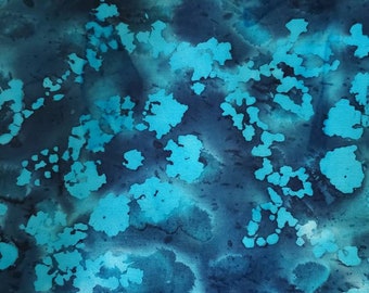 Batik Abstract Daisy Flowers of Turquoise Scattered on a Teal and Navy Tie Dye Background. Cotton Fabric. By the Half Yard. 18" x 42" wide.