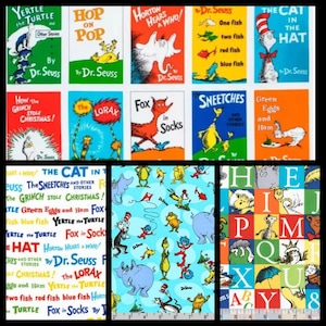Dr. Seuss Book Fronts or Coordinating Prints. Primary Colors. Panel Measures 22&quot;x43&quot; wide. Coordinating Prints By The Half Yard, 18&quot;x43&quot;.