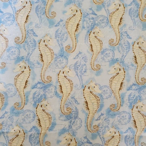 Seahorses by Timeless Treasures, Cotton Fabric. Beige Seahorses on Blue Background, Stamps, By the Half Yard, 18" long x 43" wide.