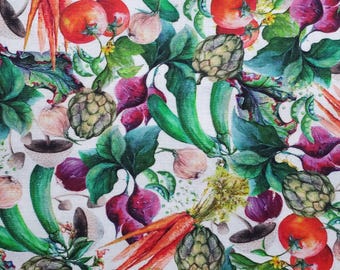 Blissful Bounty. Cotton Fabric. Watercolor Vegetables, Carrots, Artichokes, Tomatoes, Etc, on a White Background. By the Half Yard, 18"x43".