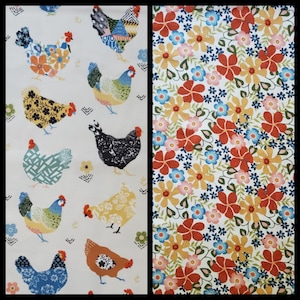 May include: A white fabric with a repeating pattern of colorful chickens and a white fabric with a repeating pattern of colorful flowers.