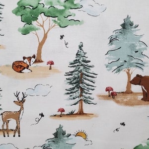 Woodland Watercolor. Cotton Fabric by Brother Sister Design Studio. Fox, Bear, Deer, and Trees. By the Half Yard. 18&quot; long x 43&quot; wide.