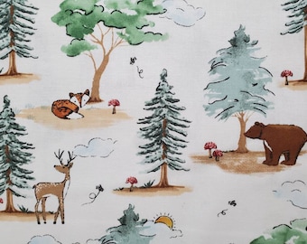 Woodland Watercolor. Cotton Fabric by Brother Sister Design Studio. Fox, Bear, Deer, and Trees. By the Half Yard. 18" long x 43" wide.