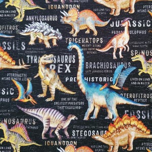 Dinosaurs, Dinosaurs, of Dinosaur Land. Cotton Fabric by Michael Miller. Dinosaurs and Names on Black. By the Half Yard, 18&quot; x 43&quot; wide.