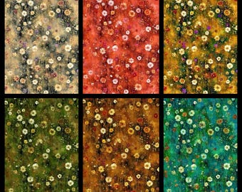 Wildflower Meadow. Cotton Fabric. Tiny flowers on a Tie Dye Background. Coral, Teal, Olive, Gold, Ivory, Caramel. By the Half Yard, 18x43.