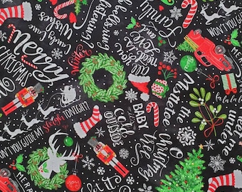 Merry Christmas Chalkboard. Cotton Fabric by Timeless Treasures. Symbols and Sayings on a Black Chalkboard. By the Half Yard, 18" x 43".