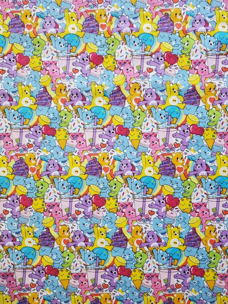 May include: A colorful fabric with a repeating pattern of cartoon bears, ice cream cones, and drinks. The bears are in various colors, including blue, purple, yellow, and pink. The background is white with small white dots.