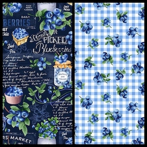Blueberries and Chalkboard. Cotton Fabric by Timeless Treasures. Berries on Gingham or Chalkboard. By the Half Yard. 18&quot; x 43&quot; wide.