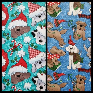 May include: A blue and turquoise fabric with a repeating pattern of dogs wearing Santa hats and candy canes. The fabric has a white snowflake pattern.