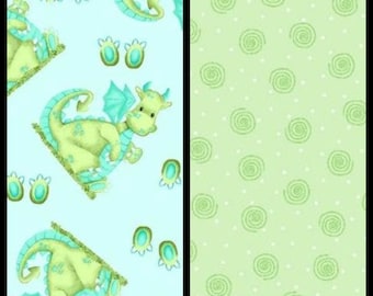 FLANNEL. Dashing Dragons, Cotton Flannel. Lime Green Dragons on Aqua, or Coordinating Green Swirl. By the Half Yard, 18" x 43" wide.