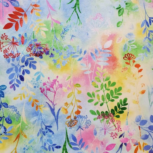 Butterfly Bliss, by Elisabeth Isles for StudioE. Multi-colored Foliage on a Tie Dye Background. Cotton Fabric by the Half Yard, 18" x 43".