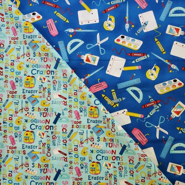 It's Elementary, Cotton Fabric, by Pam Bocko, for StudioE. Fun School Tools and Words on Aqua or Royal. By the Half Yard, 18" x 43" wide.
