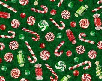 Christmas Candy. Cotton Fabric. Peppermints, Candy Canes, Gum Drops, and More on a Green Mottled Background. By the Half Yard, 18"x43".