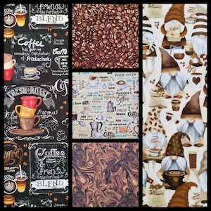 May include: A collage of six different fabric designs featuring coffee and coffee-related imagery. The designs include coffee beans, coffee cups, coffee gnomes, and coffee-themed text. The fabrics are all in a variety of colors, including brown, black, white, and red.