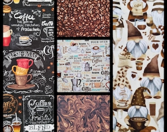 Coffee Time. Cotton Fabric by AMK and Timeless Treasures. Coffee Swirls, Gnomes, Chalkboard, and Vintage. By the Half Yard, 18" x 43" wide.