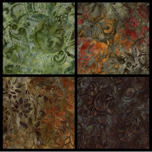 Earthy Hand Stamped Indonesian Batiks. Set B. Cotton. 4 Color Choices: Black, Olive, Pine, and Brown. By the Half Yard, 18" x 43" wide.
