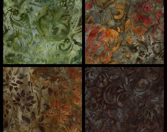 Earthy Hand Stamped Indonesian Batiks. Set B. Cotton. 4 Color Choices: Black, Olive, Pine, and Brown. By the Half Yard, 18" x 43" wide.