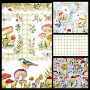 May include: A collage of fabric swatches featuring whimsical mushroom and floral designs. The patterns include mushrooms, butterflies, and birds, set against a backdrop of a light green plaid and a light blue background. The color palette is soft and inviting.