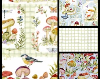 Mushrooms. Cotton Fabric by Susan Winget. Mushrooms, Butterflies, and Birds in Soft Blues, Greens, Tans. By the Half Yard, 18" x 43" wide.