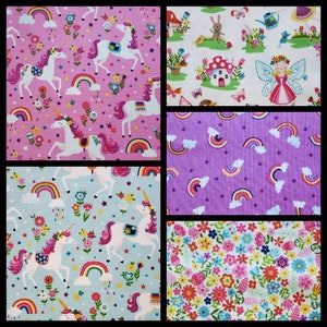 Daydream, Cotton Fabric by Makower UK. Fairies, Unicorns, and Rainbows in Pink, Aqua, and Purple. By the Half Yard. 18" long x 43" wide.