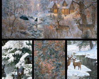 Under the Moonlight. Cotton Fabric Panel or 3 Coordinating Prints. Deer, Bear, Cabin, Snow. Panel 24"x43", Prints by the Half Yard, 18"x43".