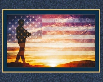 Defender Panel. Silhouette of American Soldier with the Sunset and a Mottled Flag in the Background. Panel Measures 36" tall x 43" wide.