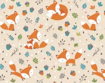 FLANNEL. Baby Fox Cotton Flannel by Eugene Textiles. Orange Foxes on Tan with Leaves and Acorns. By the Half Yard, 18"x42" wide.