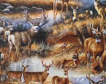 Deer Glance. Cotton Fabric by David Textiles. Whitetail and Mule Deer in a Fall Meadow and Mountainous Setting. By the Half Yard, 18"x43"