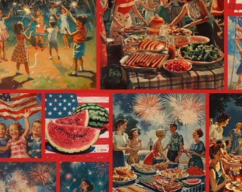 Celebrate Freedom. Collage of Vintage Patriotic Pictures in Navy, Beige, and Red. Digital Print Cotton Fabric. By the Half Yard, 18"x43".