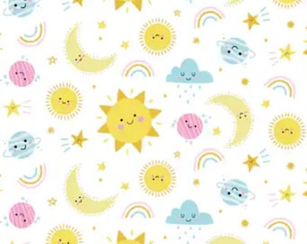 FLANNEL. Happy Skies Cotton Flannel by Eugene Textiles. Happy Sun, Moon, Clouds, and Planets on White. By the Half Yard, 18" x 42" wide.