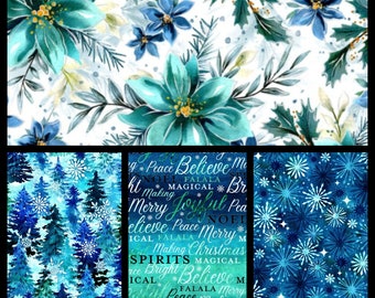 Blue Christmas, Cotton Fabric by Oasis. Aqua, Teal, and Sapphire Coordinating Prints. By the Half Yard, 18" long x 43" wide.