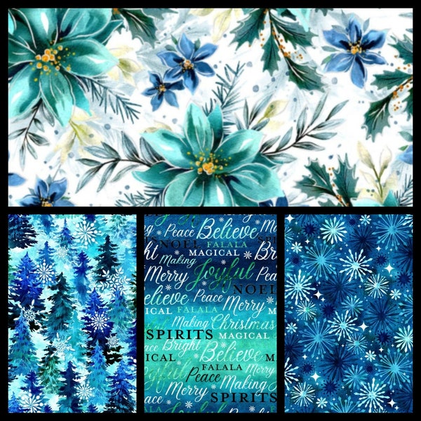 Blue Christmas, Cotton Fabric by Oasis. Aqua, Teal, and Sapphire Coordinating Prints. By the Half Yard, 18" long x 43" wide.