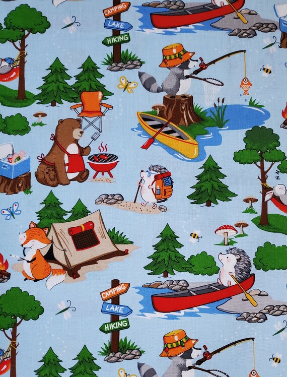 Camping Critters. Cotton Fabric by Fabric Traditions. Fox, Bear, Rabbit, Raccoon, and Hedgehog on Lt Blue. By the Half Yard, 18" x 43" wide.