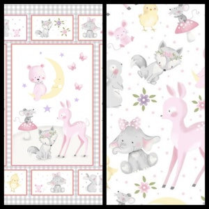 Wee Ones Baby Animals, Cotton Fabric. Pinks, Grays, and Yellows, Panel 35"x"43, and Coordinating By the Half Yard, 18"x43" wide.