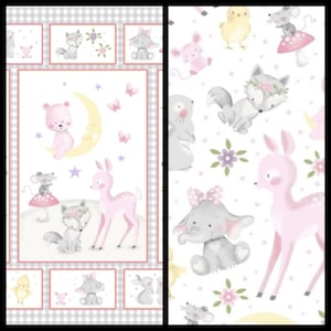 Wee Ones Baby Animals, Cotton Fabric. Pinks, Grays, and Yellows, Panel 35"x"43, or Coordinating By the Half Yard, 18"x43" wide.