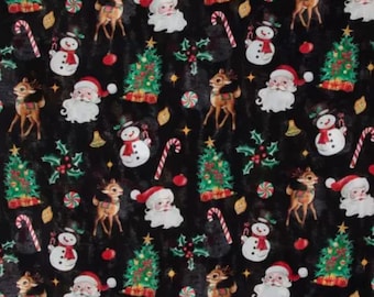 Vintage Christmas. Cotton Fabric. Santa, Reindeer, Snowman, Tree, Candycane, Candies, on Black. By the Half Yard, 18" x 43" wide.