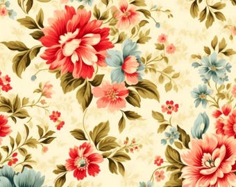 Coral Clusters. Cotton Fabric, Coral and Blue Vintage Flower Clusters with Olive Greenery on Mottled Ecru. By the Half Yard, 18"x43" wide.