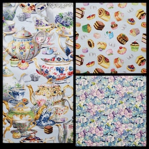 May include: A blue and white floral patterned fabric with a design of teapots, teacups, and other tea-related items. The fabric also features a pattern of small flowers and leaves.