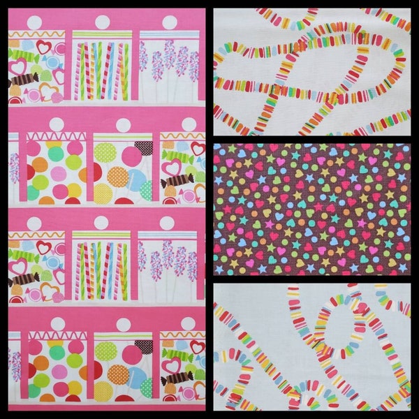 Lolly by Maude Asbury for blend, 100% Cotton Fabric. Candy Jars, Necklaces, and Confetti Sprinkles. By the Half Yard, 18" long x 43" wide.