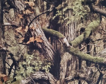 Stealthy Timber. Cotton Fabric. Oak Trees with Green and Brown Leaves and Dark Shadows. By the Half Yard, 18"x43" wide.
