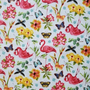 Pink Paradise, by Jane Shasky, for Henry Glass. Cotton Fabric. Flamingos, Flowers,  Butterflies on Blue. By the Half Yard. 18&quot; x 43&quot; wide.