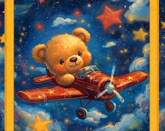 Airplane Teddy Panel. Teddy in an Old-Fashioned Airplane in a Dark Blue Sky of Clouds and Stars. Sold By the Panel, 35" wide x 43" tall.