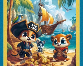 Pirate Adventure. Cotton Fabric Panel. Chipmunks in Pirate Hats with Their Mouse Mate and Ship. Browns & Turquoises. By the Panel, 36"x43".