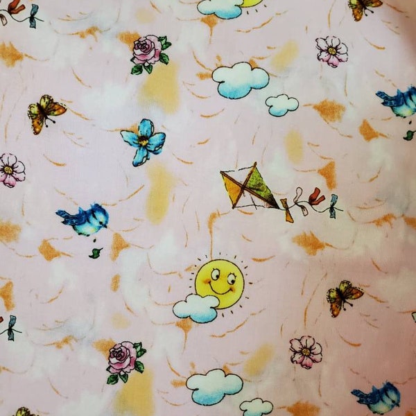 Juvenile, Child, Baby Cotton Fabric by Giordano Studios. Pink, Birds, Sun, Butterflies, Kites, Flowers. By the Half Yard. 18" x 42" wide.