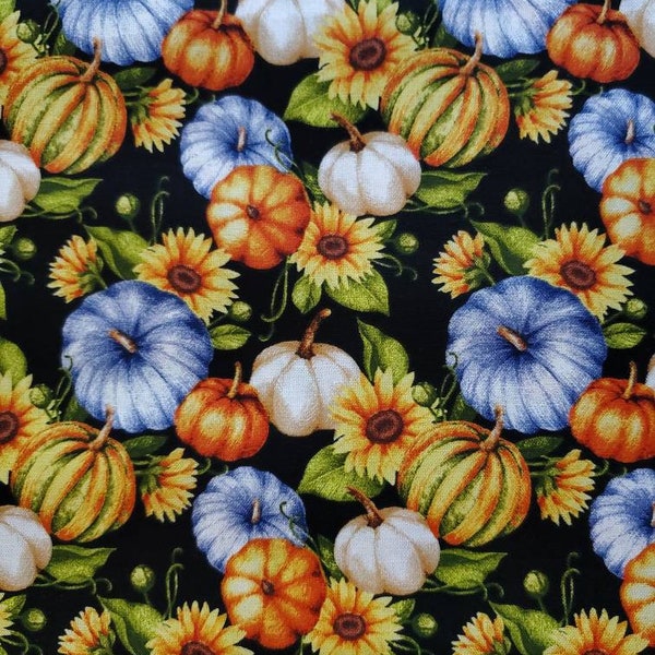 Sunflower Harvest, Fall,  Autumn Cotton Fabric, Sunflowers and Various Pumpkins. By the Half Yard. 18" long x 43" wide.